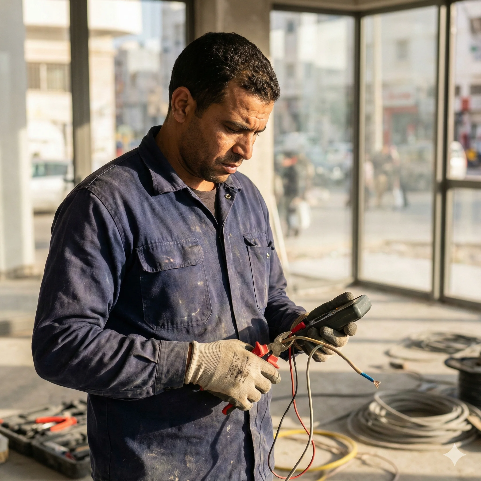 Professional Tunisian electrician working on electrical installation